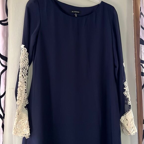 Jodi Kristopher dark blue shift dress with semi sheer lace sleeves size small - Picture 5 of 14